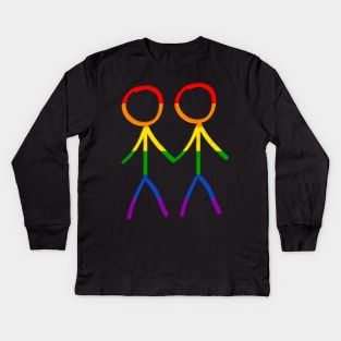 Stick figure drawing of two gay men holding hand, in rainbow colors for pride Kids Long Sleeve T-Shirt